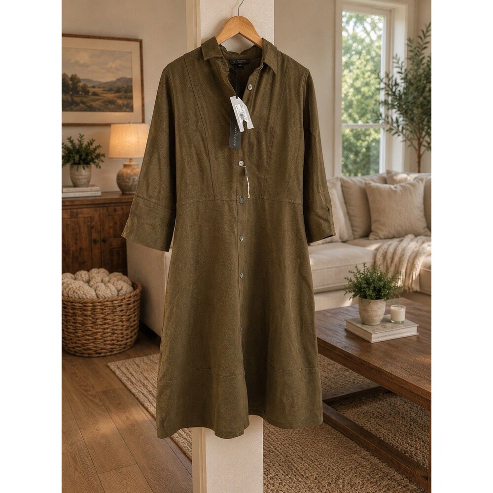 Antonelli Firenze Button Up Hunter Green 3/4 Sleeve Wool Blend Dress 42 US 10/12